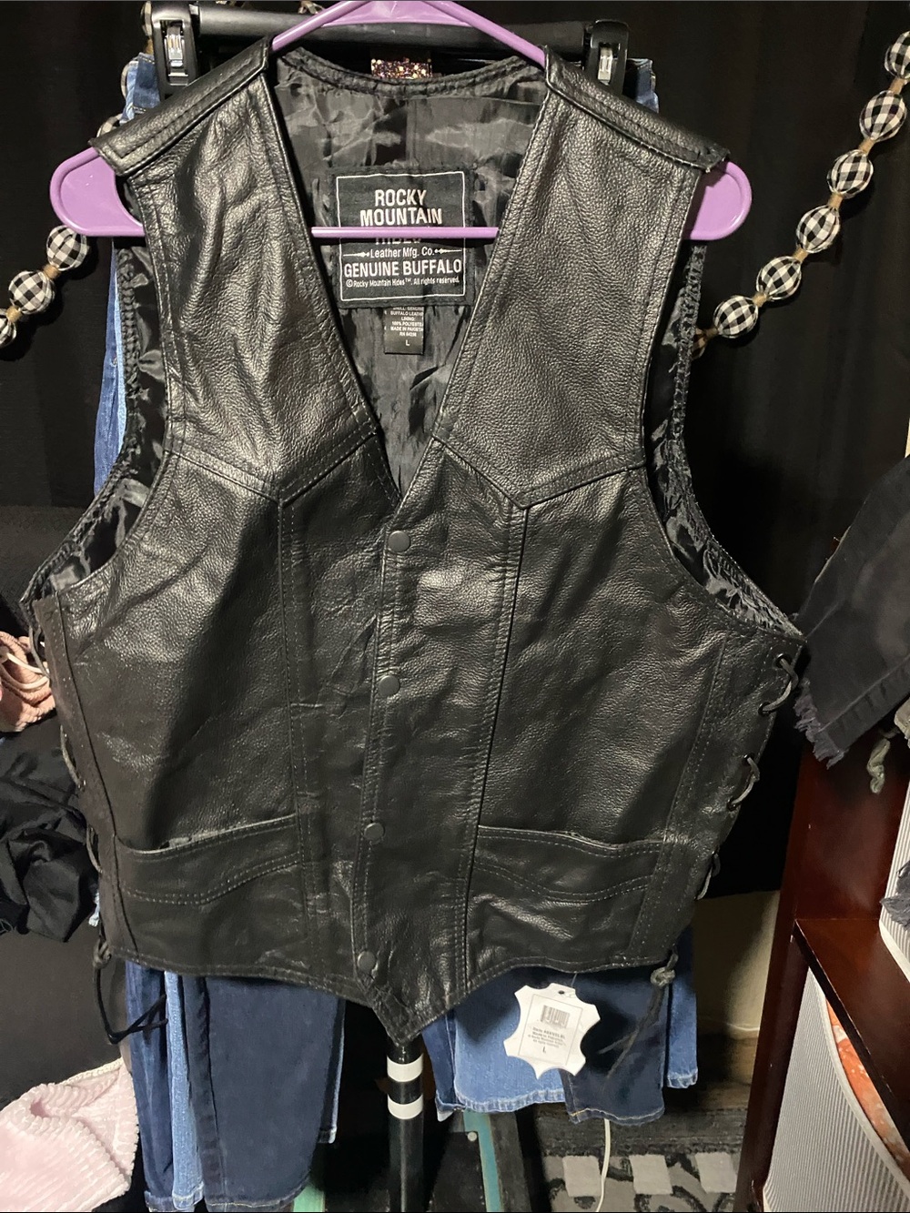 Rocky Mountain Genuine Buffalo Black Leather Vest - Men's Classic Snap Front